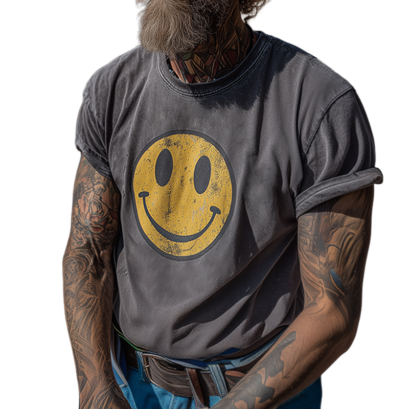 Men's Retro Casual Smiley Face Printed Motorcycle Round Neck Short Sleeve T-Shirt MTA1183G5TO