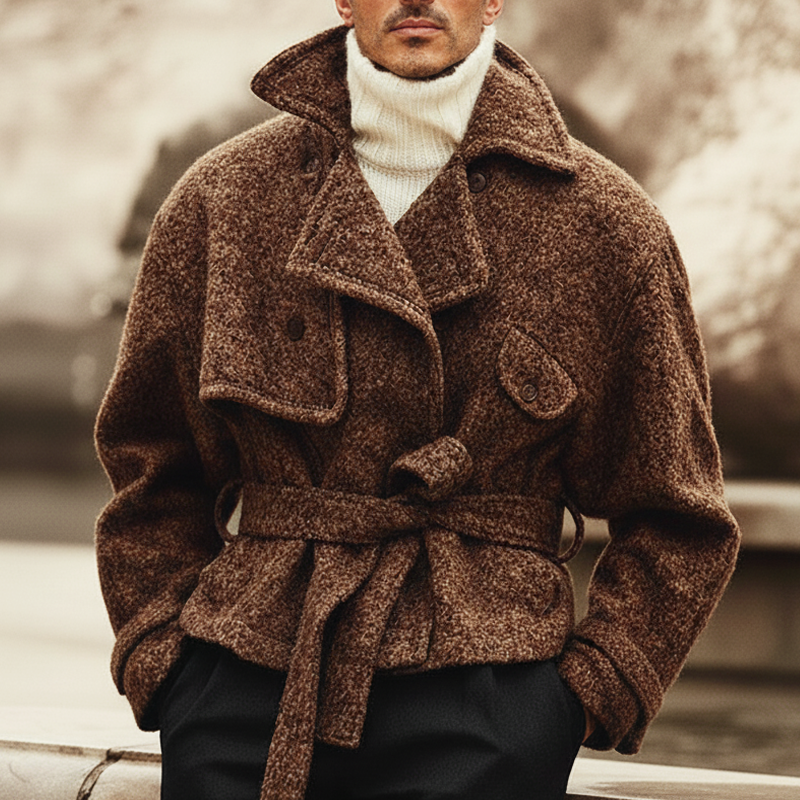 Men's Classic Vintage Tweed Notched Lapel Belted Jacket MTA2634K0U