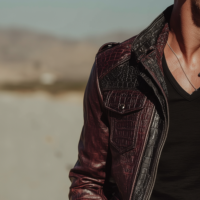 Men's Winter Western Cowboy Style Imitation Crocodile Leather PU Splicing Jacket MTA1893I0P
