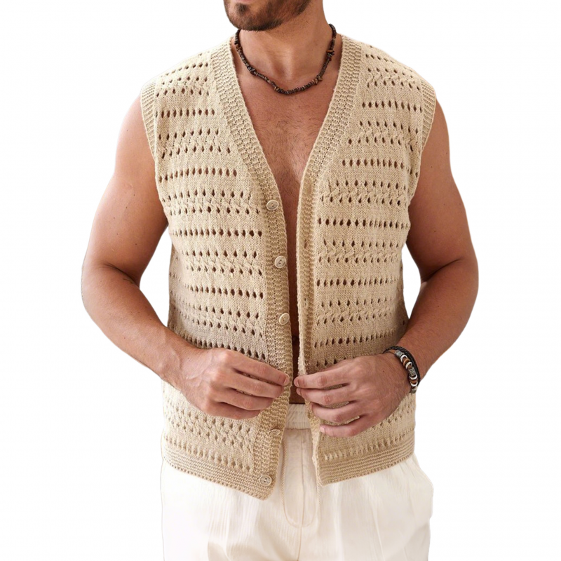 Herremote Hul Jacquard V-hals Enkeltspent Slim Fit Strikkevest MTA0475G8M