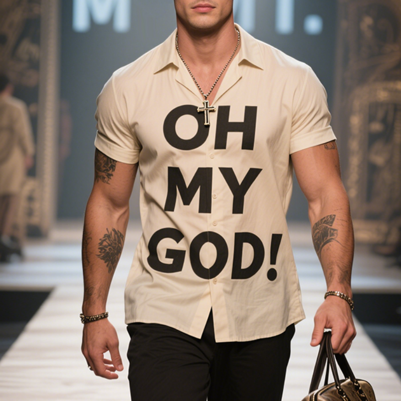 Men's Retro Casual OH MY GOD! Printed Lapel Short Sleeve Shirt MTA2906E0TO