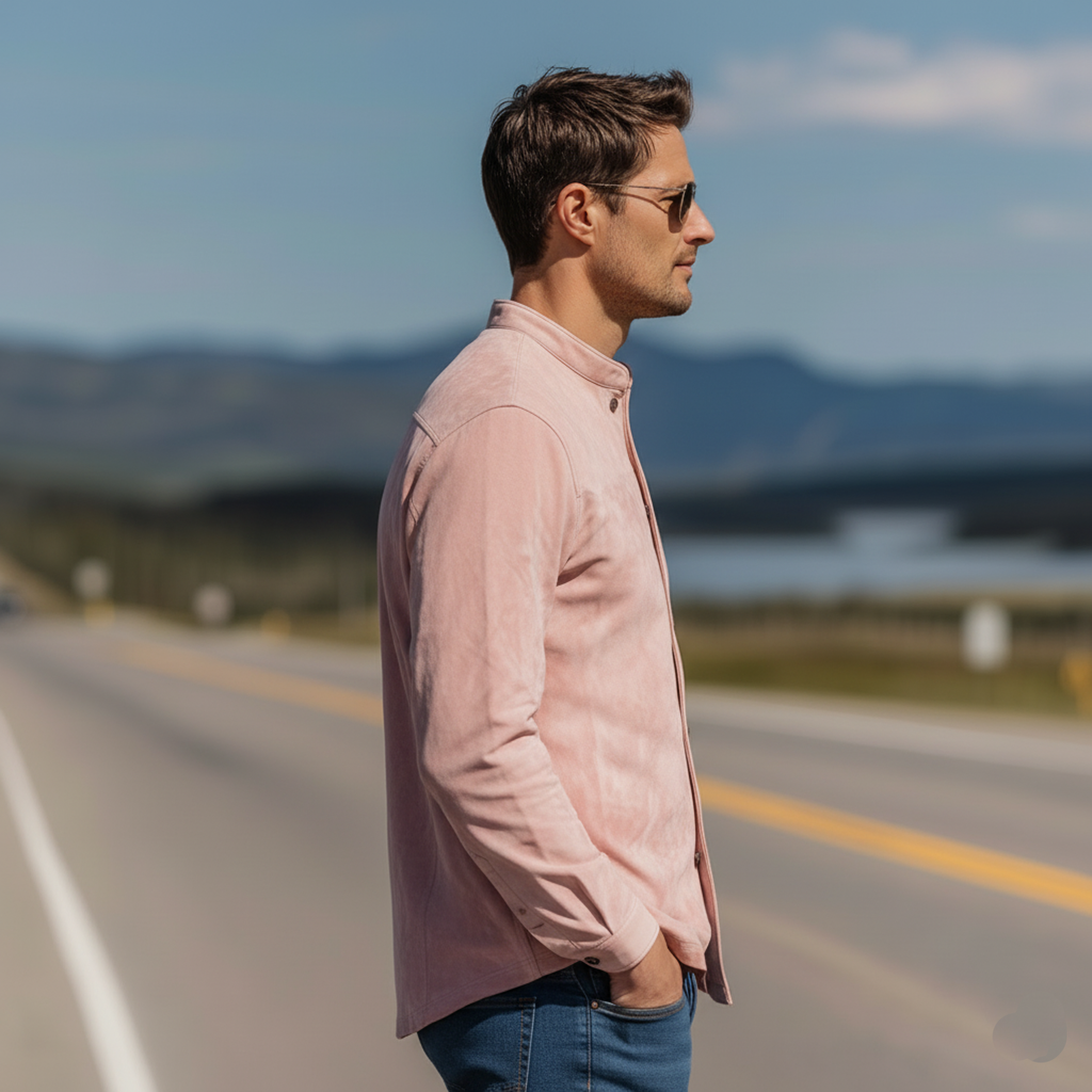 Men's Classic Vintage PU Leather Placket Stand-collar Pink Suede Long-sleeved Shirt MTA2999L6K