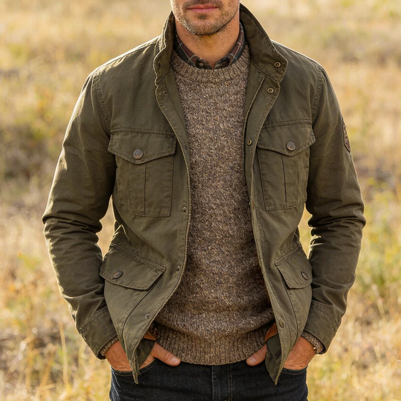 Men's Retro Casual Cotton Multi-Pocket Washed Zipper Stand Collar Jacket MTA1280L4TO