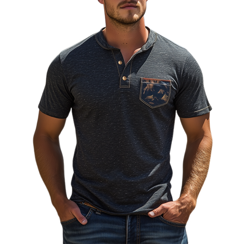 Men's Classic Vintage Yellowstone Park Series Henley Collar Cotton T-Shirt 35225610K