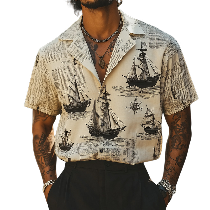 Men's Retro Casual Sailing Ship Print Lapel Short Sleeve Shirt 24346156TO