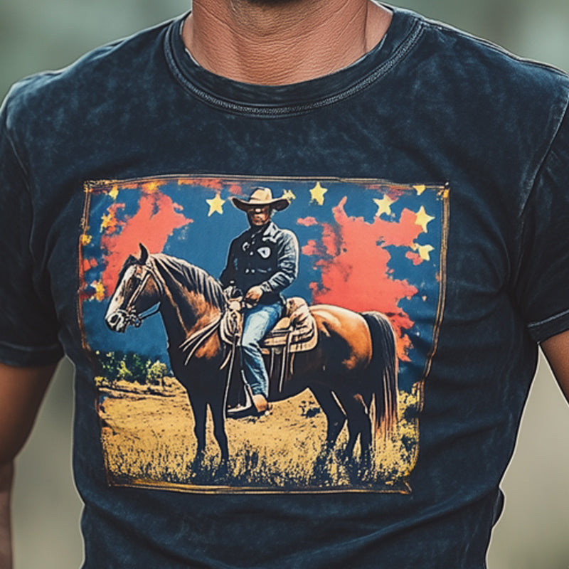 Men's Western Cowboy Style Printed Crew Neck T-Shirt MTA2826D7U