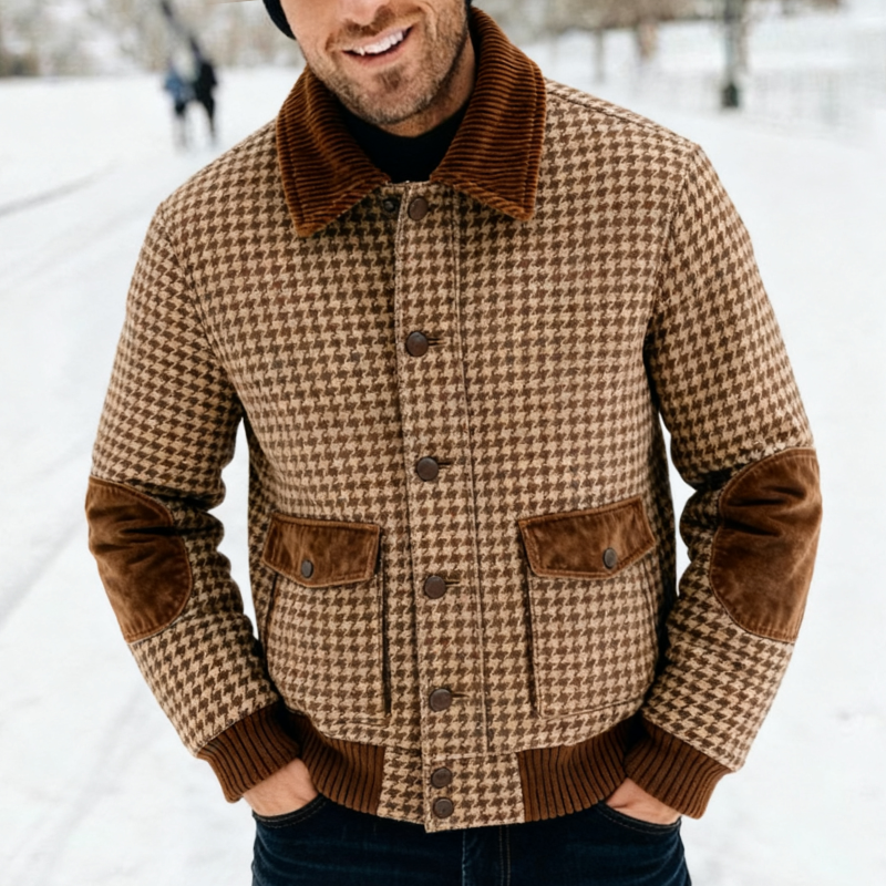 Men's Retro Casual Houndstooth Patchwork Lapel Button Jacket