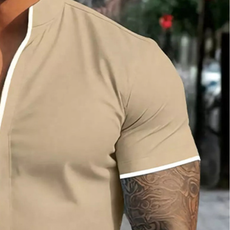 Men's Camel Collar Snap Button Slim Fit Short Sleeve Shirt 12108045U