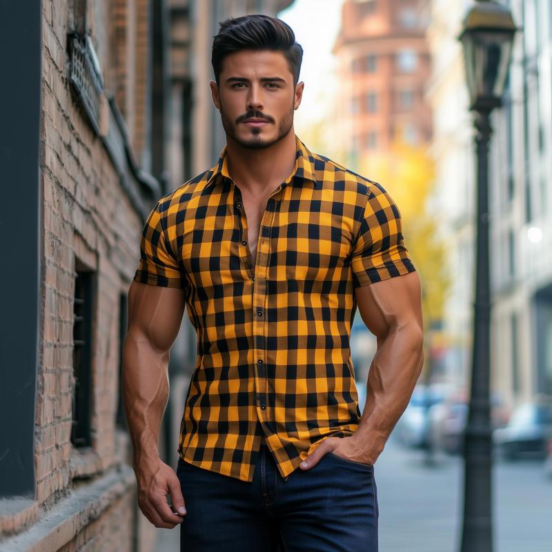Men's Casual Breathable Cotton Plaid Lapel Slim Fit Short Sleeve Shirt MTA1130F4M