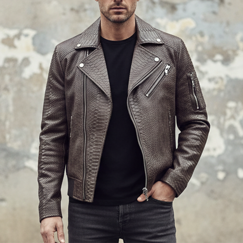 Men's Textured Lapel Zipper PU Jacket MTA1039I6X
