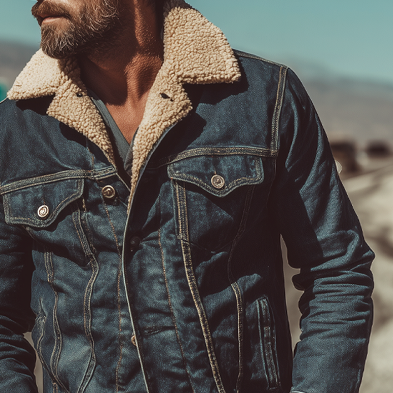 Men's Vintage Denim Patchwork Polar Fleece Lapel Jacket MTA0504H1X