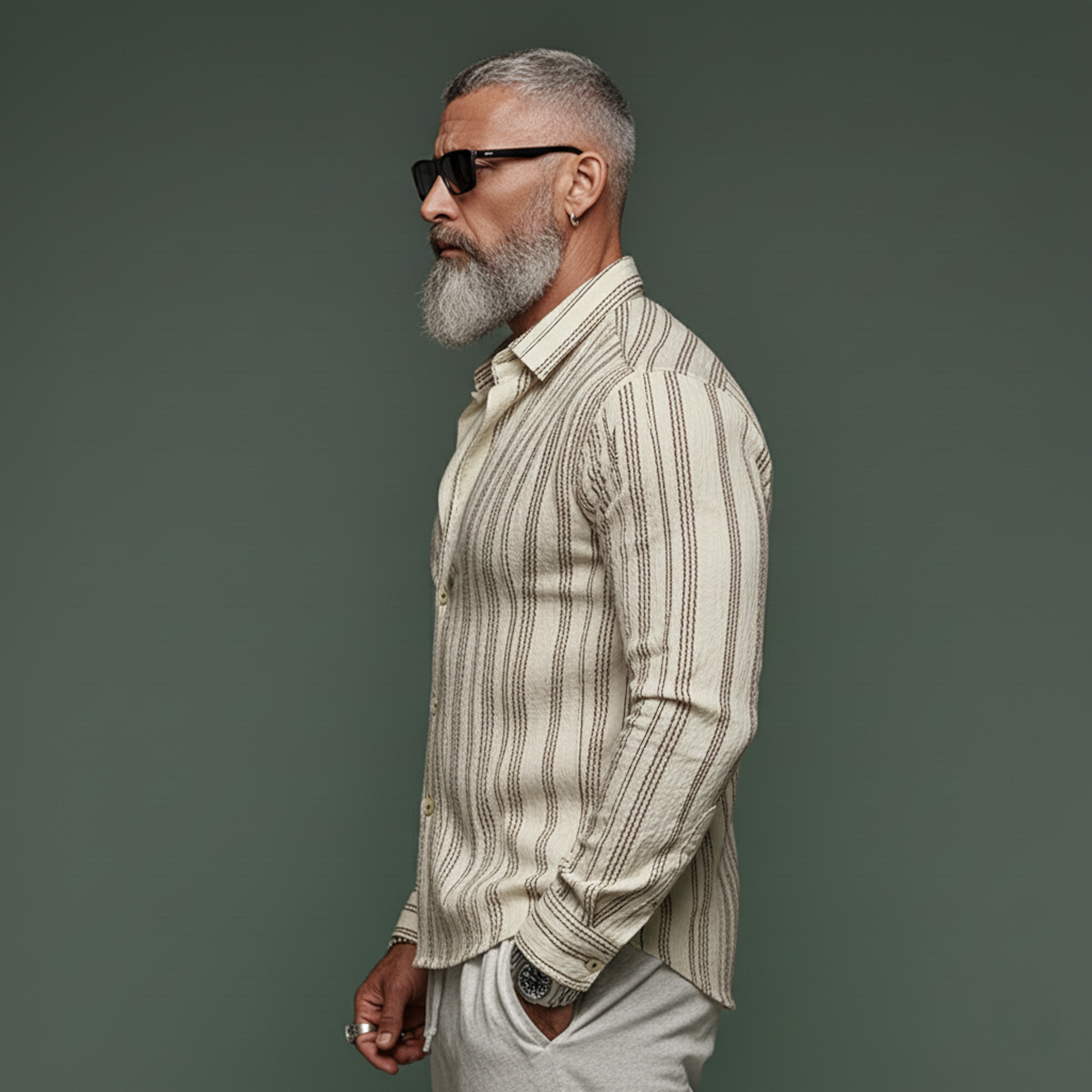 Men's Classic Casual Lapel Collar Vertical Stripe Cotton Blend Long-sleeved Shirt MTA1514L0K