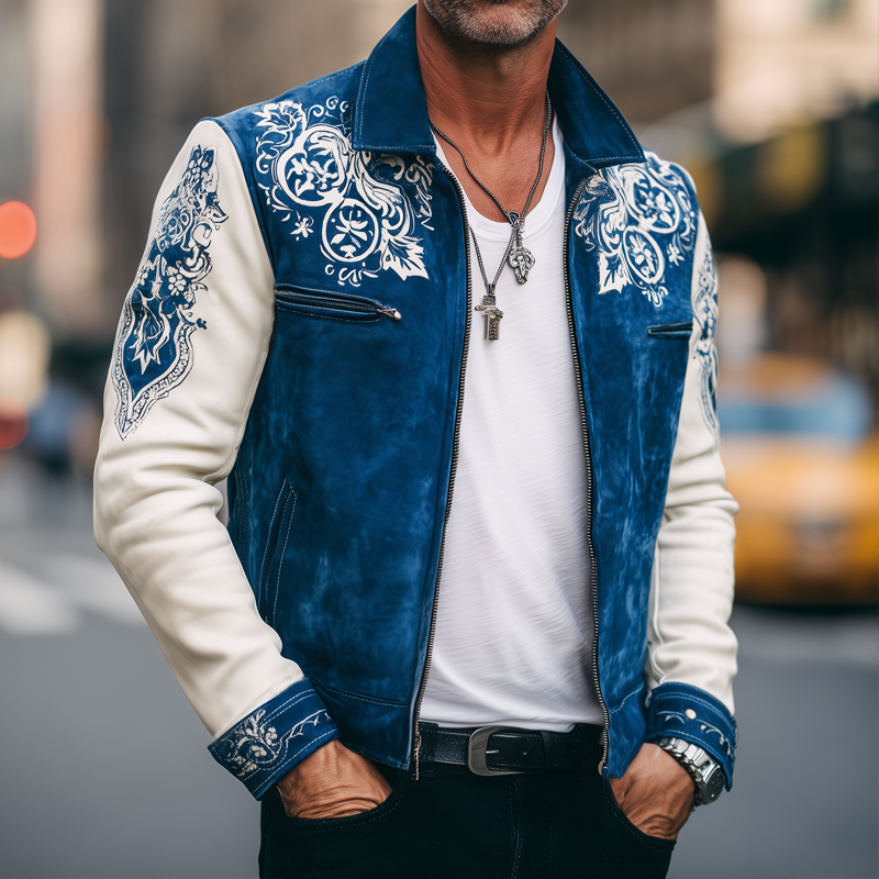Men's Vintage Colorblock Print Suede Zip-Up Jacket MTA2543H8U