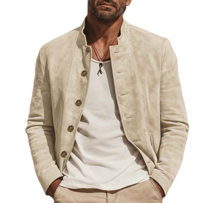 Men's Classic Beige Stand-collar Button-up Jacket MTZ2355A9U