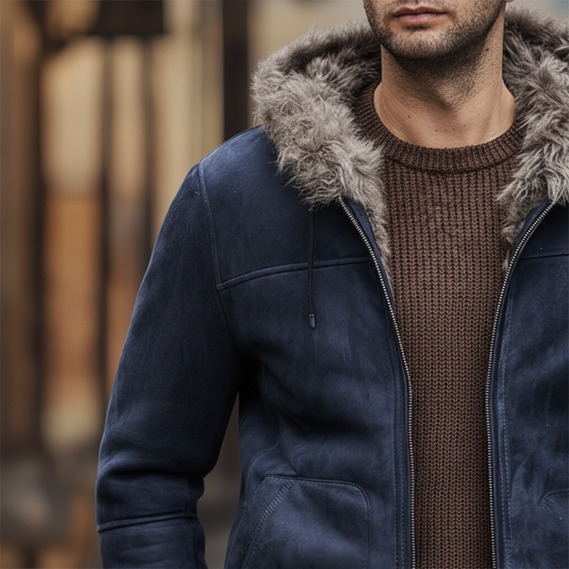 Men's Winter Retro Faux Suede Lined Hooded Zip-Up Jacket MTA2402K2P