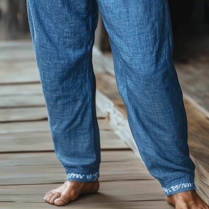 Men's Fashion Casual Waist And Hem Printed Cotton And Linen Elastic Waist Pants MTA0335F6K