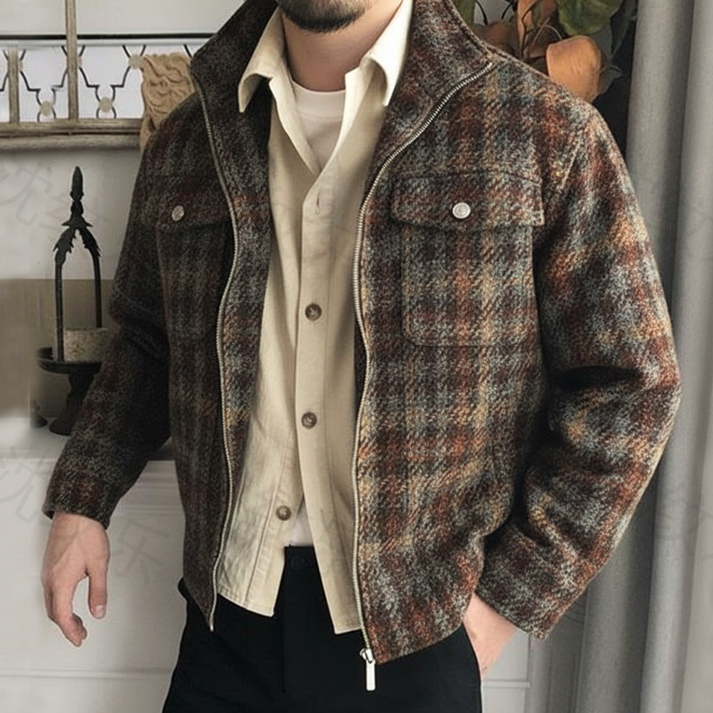 Men's Vintage Plaid Faux Woolen Zipper Stand Collar Jacket MTA1393J9U