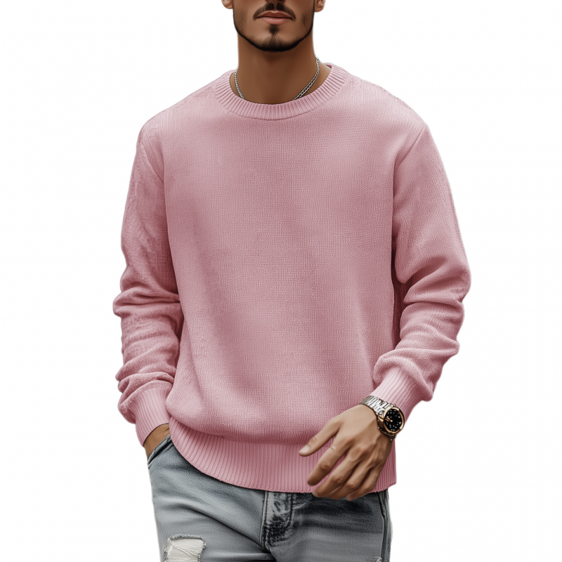 Men's Casual Breathable Solid Color Round Neck Loose Long Sleeve Knitted Sweater MTA3154G7M