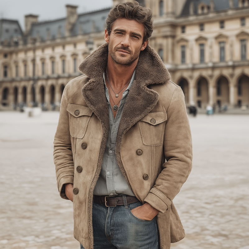 Men's Warm Suede Lambswool Lined Double-Breasted Short Coat MTA1059K9U