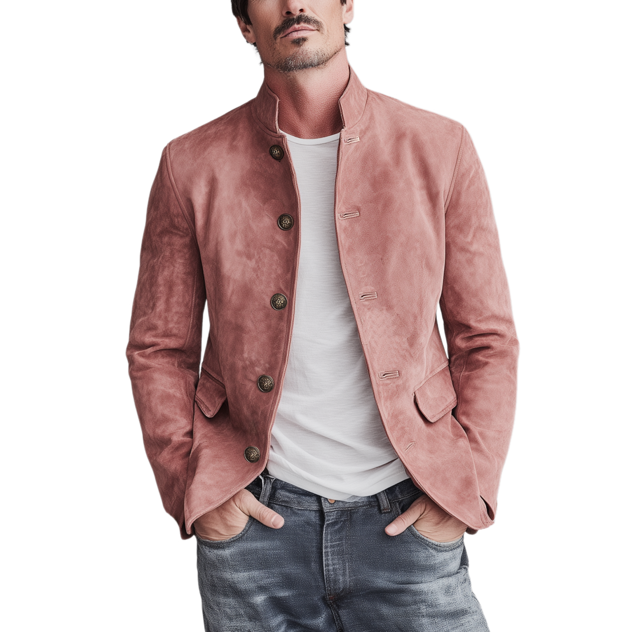 Men's Classic Retro Stand Collar Pink Suede Slim Jacket MTA2272H9K