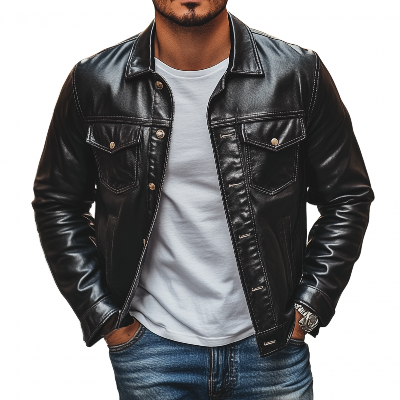 Men's Fashion Vintage Solid Color PU Lapel Single Breasted Slim Fit Motorcycle Jacket MTA1443H0M