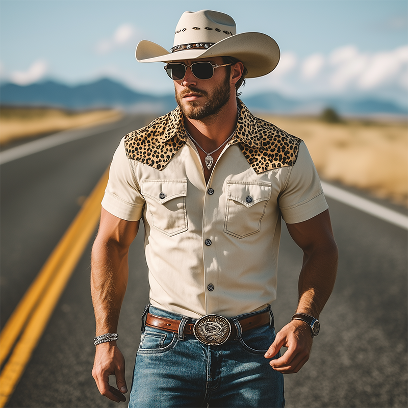Men's Spring And Summer Classic Retro Western Cowboy Style Cotton Blended Leopard Print Slim Short-Sleeved Shirt MTA1037E3K