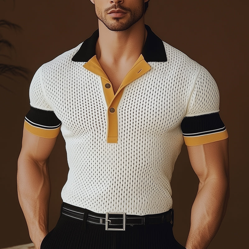 Men's Business Comfortable Colorblock Knitted Mesh POLO Shirt MTA0740E5U
