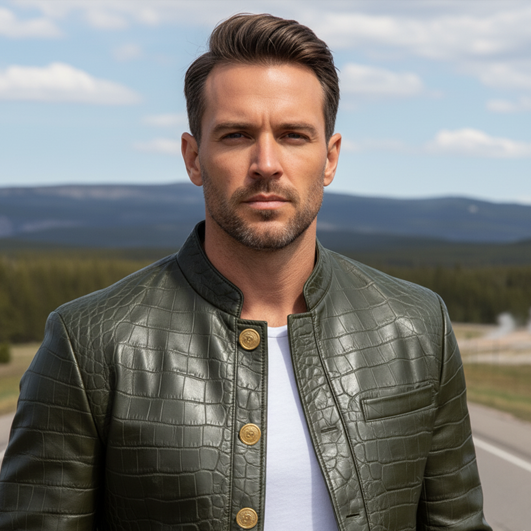 Men's Classic Casual Stand Collar Crocodile Leather Texture PU Leather Slim Fit Jacket MTA1390I2K