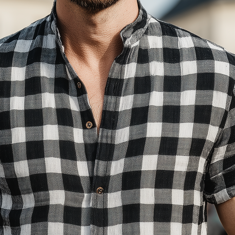 Men's Plaid Stand Collar Short Sleeve Cotton And Linen Shirt MTA1504G6X