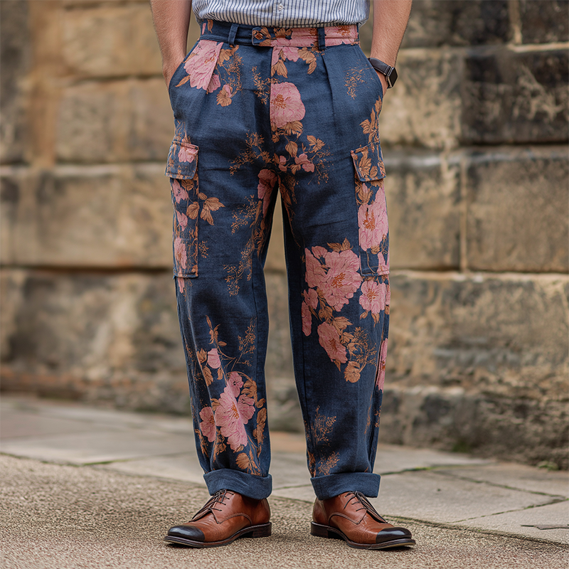 Men's Vintage Casual Large Floral Print Pocket Pants MTA3162G7TO