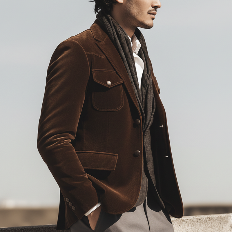 Men's Classic Brown Velvet Two-button Slim-fit Jacket MTA2825K9U