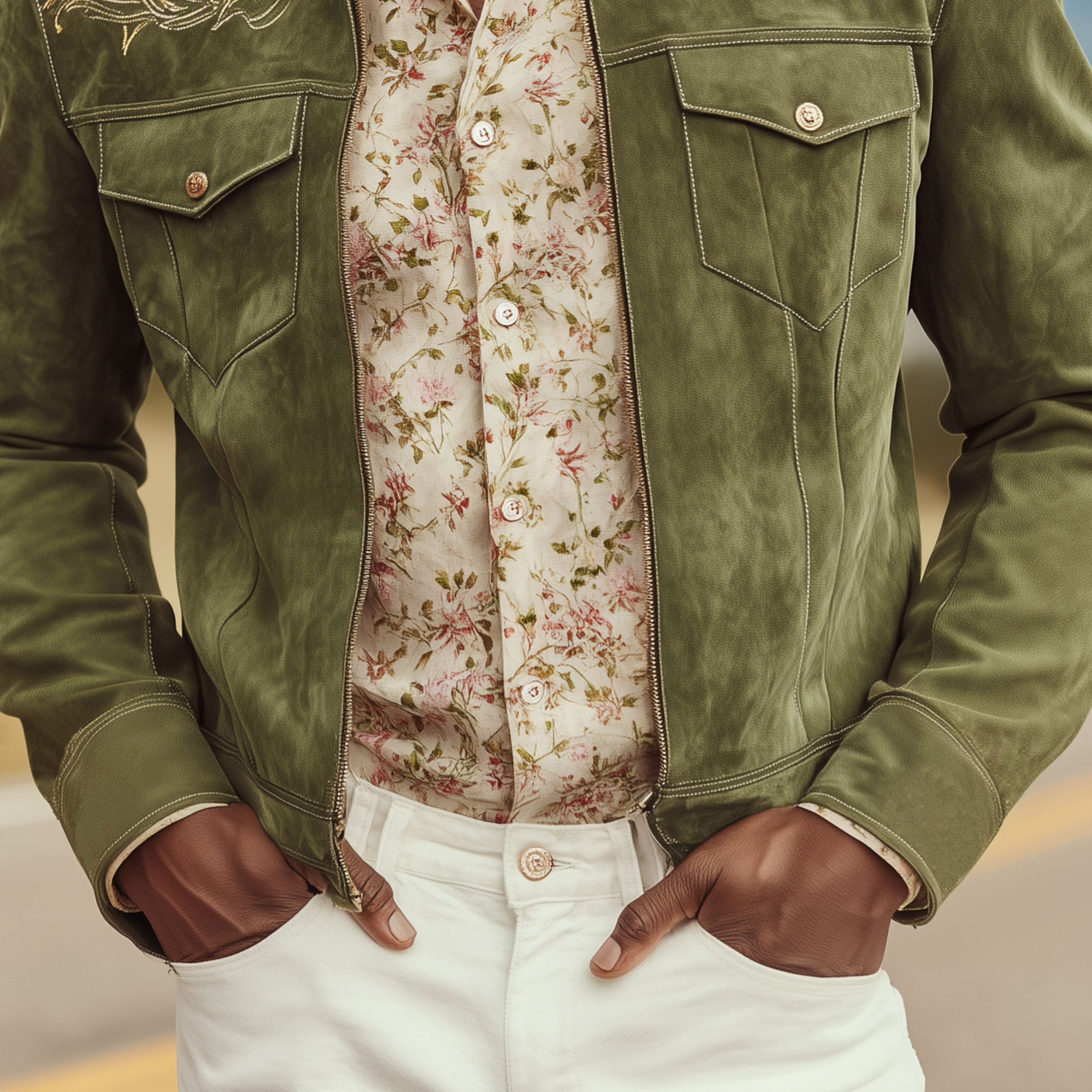 Men's Classic Casual Shoulder Embroidered Suede Lapel Zip-up Jacket MTA2714H9K