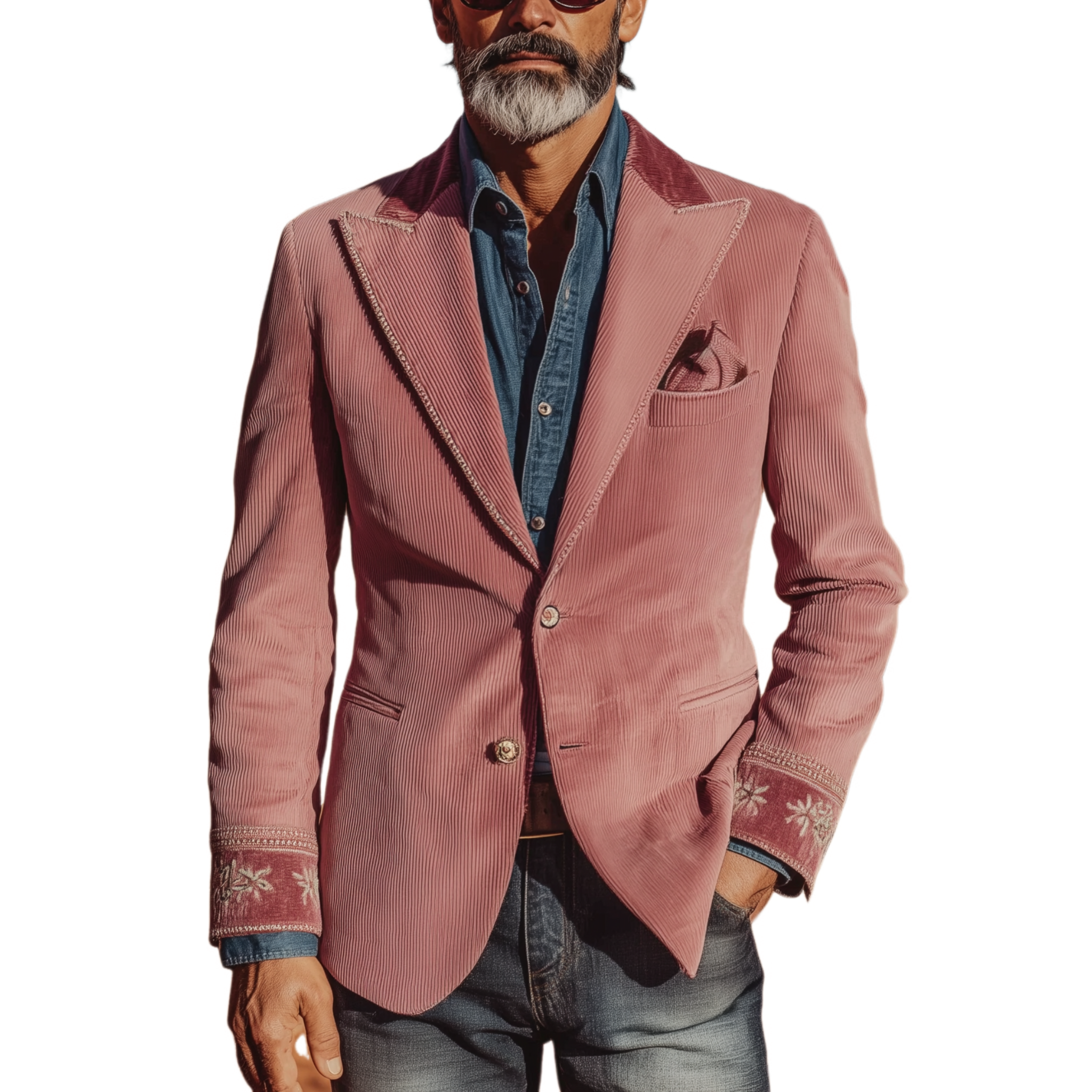 Men's Classic Retro Western Style Pink Corduroy Cuff Embroidered Single-breasted Slim-fit Blazer MTA2125H6K