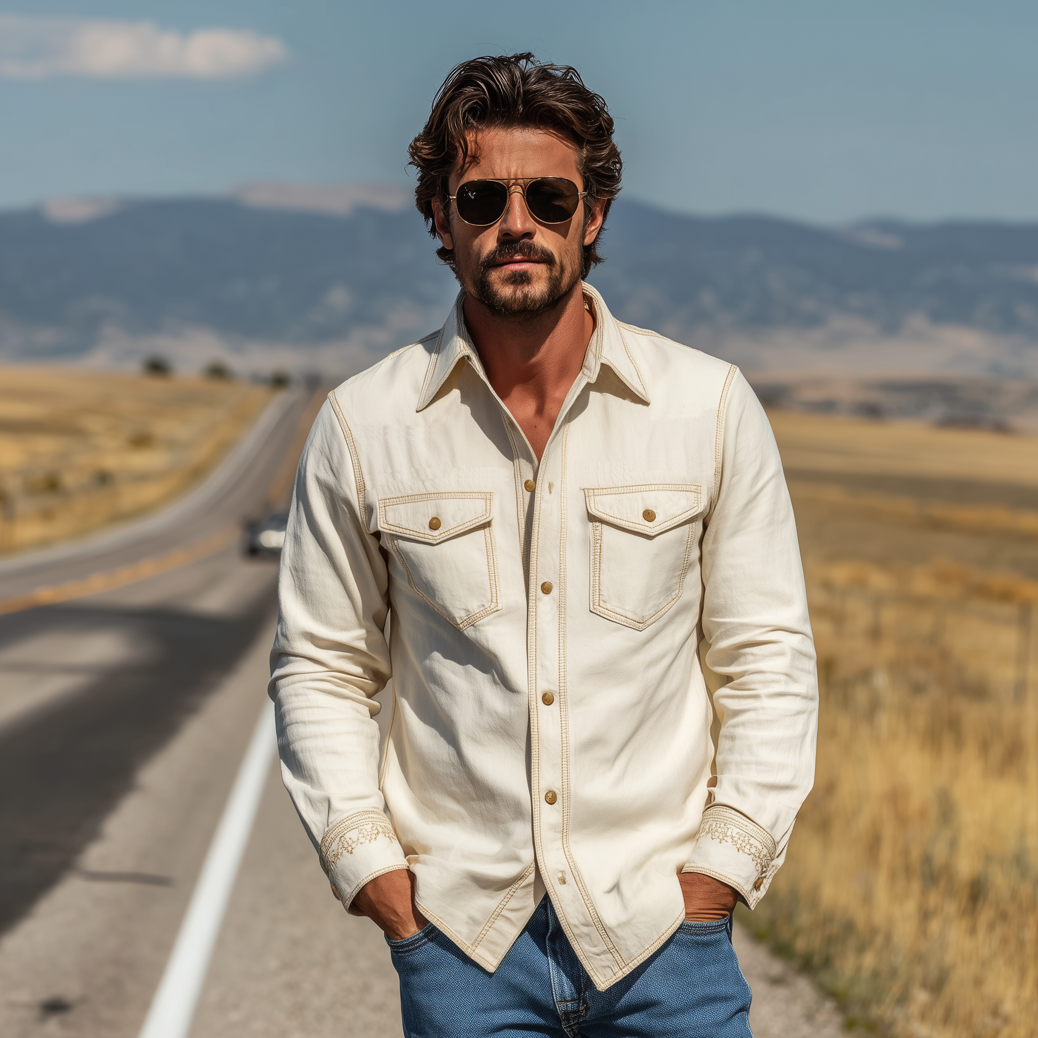 Men's Spring And Summer Fashion Casual Cotton Blended Cuff Embroidered Long Sleeve Shirt MTA1732G7K
