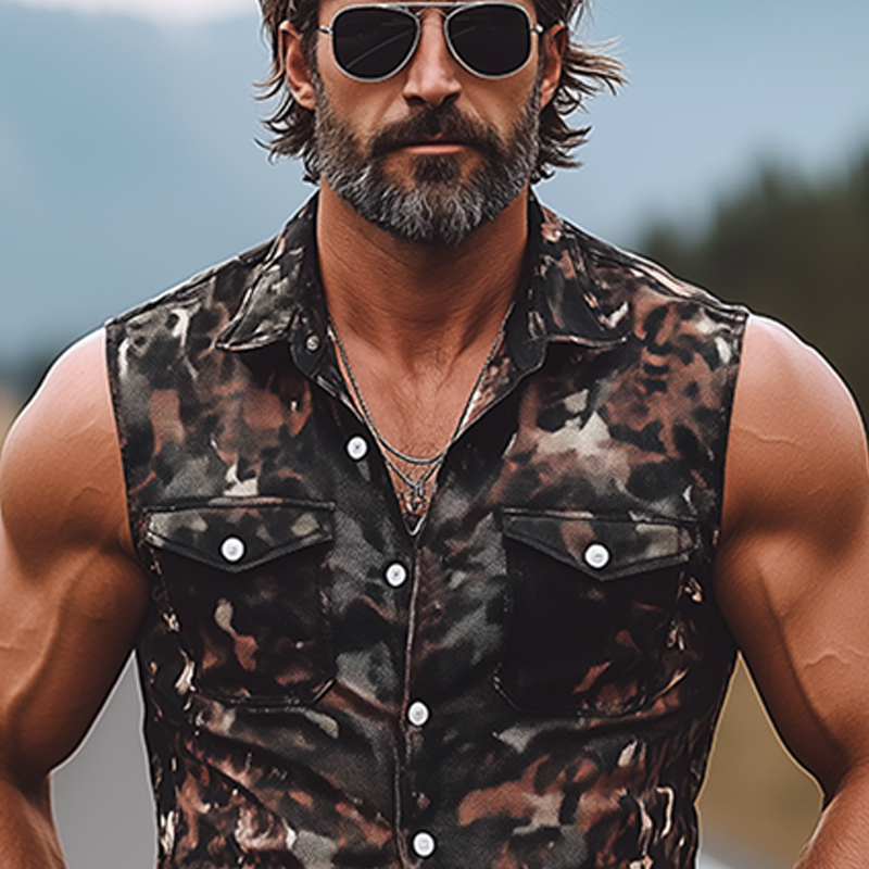 Men's Classic Vintage American Western Camouflage Cotton Blend Multi-Pocket Slim Fit Pearl Snap Sleeveless Shirt MTA0567F7K
