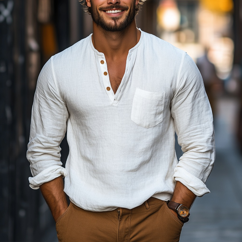 Men's Spring Fashion Pure Cotton Long-sleeved Henley Shirt MTZ2055A7P