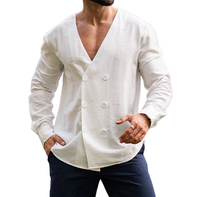Men's Fashion Casual Tencel Cotton V-neck Double Breasted Long Sleeve Shirt MTA1414G4K