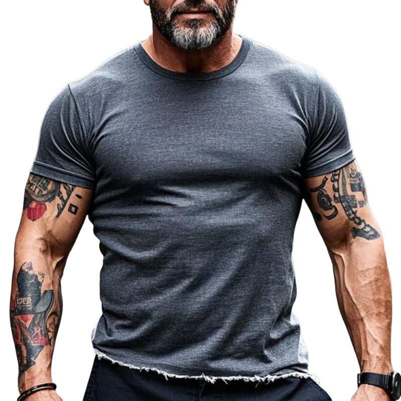 Men's Vintage Casual Round Neck Raw Edge Cotton Blend Short Sleeve T-shirt 66354191F