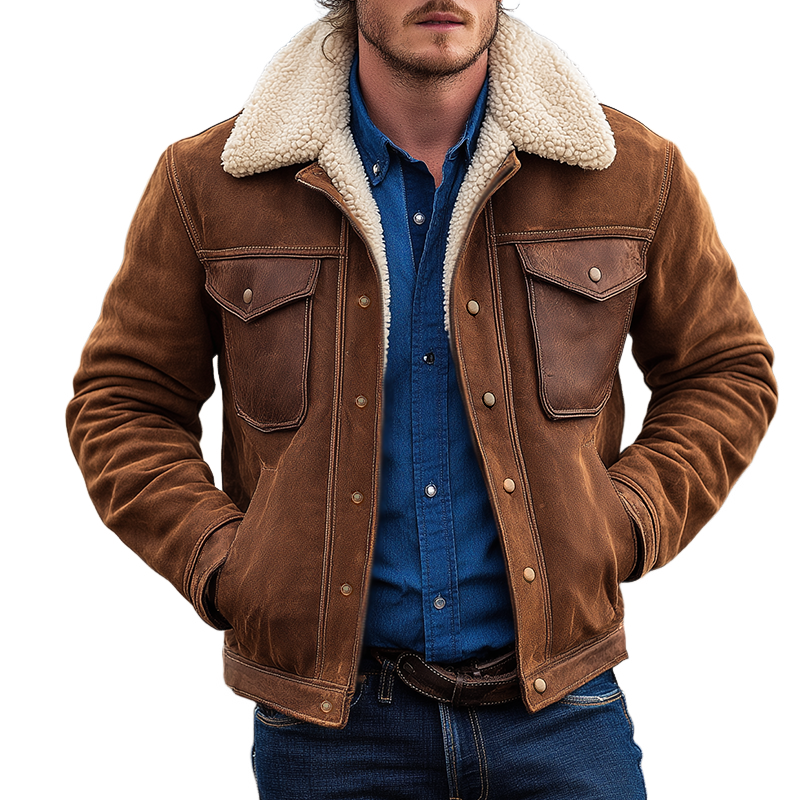 Men's Retro Casual Faux Suede Patchwork PU Fur Collar Jacket MTA3141J3TO