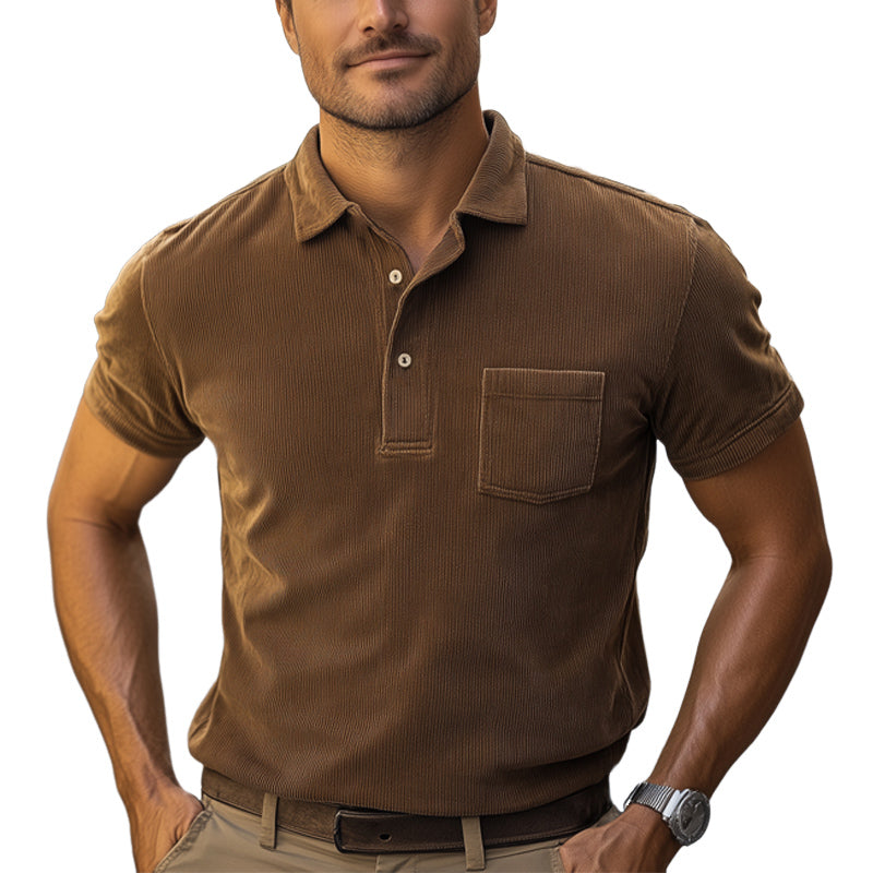 Men's Summer Business Solid Color Corduroy Polo Neck T-Shirt MTA1698E5U