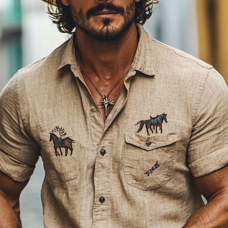 Men's Western Boys Embroidered Short Sleeve Lapel Shirt MTA2987D0X