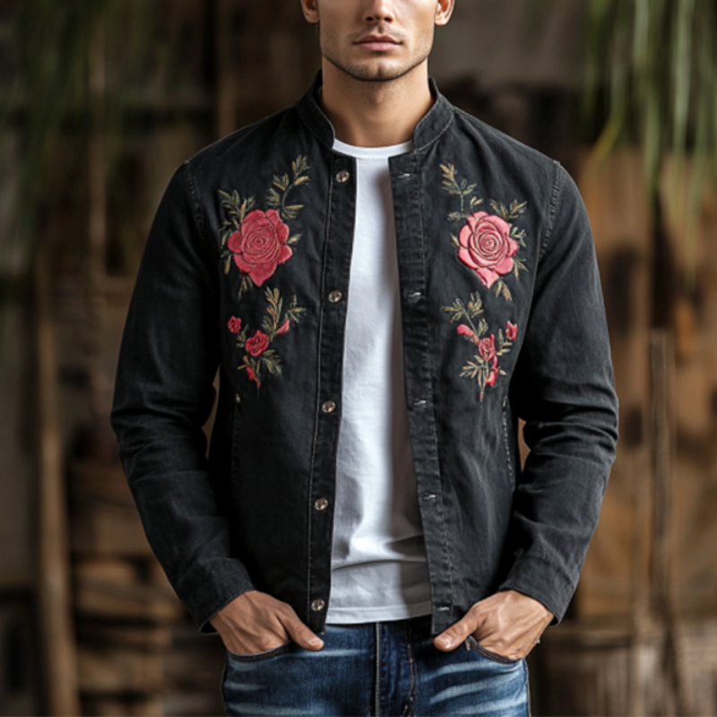 Men's Classic Casual Embroidered Denim Stand Collar Jacket 77310317K