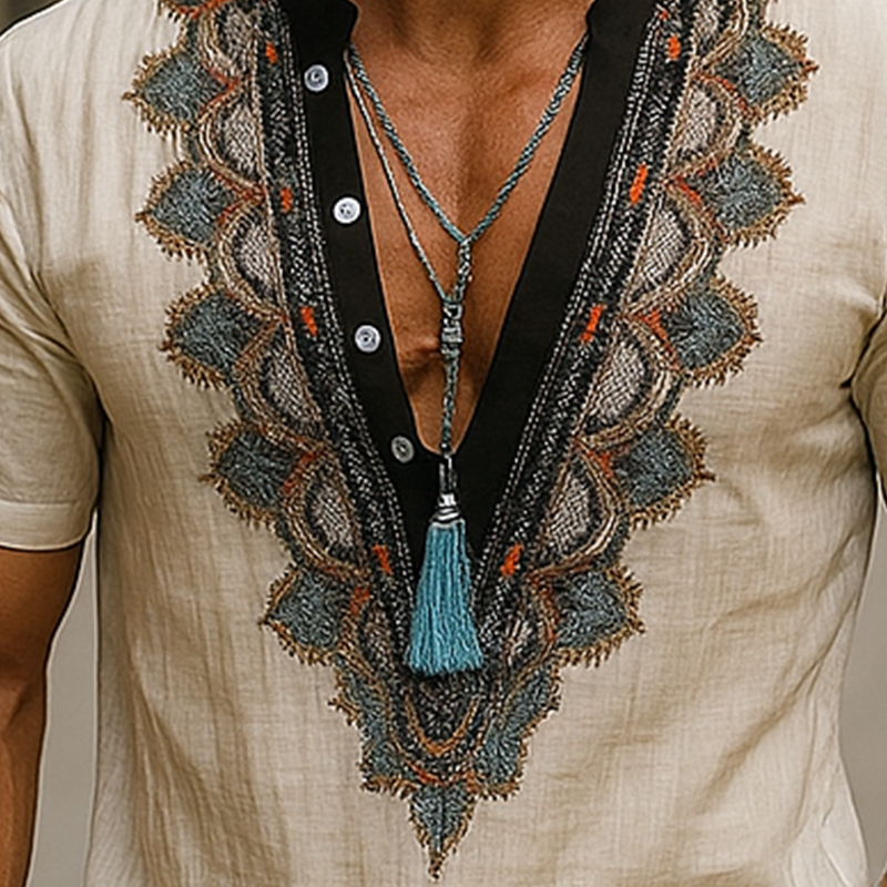 Men's Summer Fashion Embroidery Slub Linen Short Sleeve Shirt MTA1356F2P