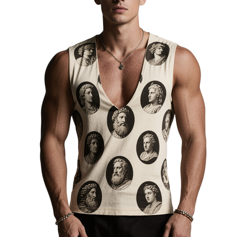 Men's Retro Casual Classical Printed V-Neck Sleeveless Tank Top MTA1979F0TO
