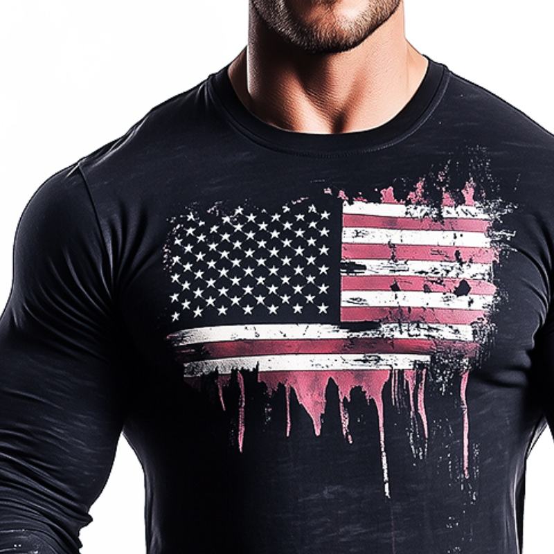 Men's Vintage Casual American Flag Printed Crew Neck Long Sleeve T-Shirt 13122321TO