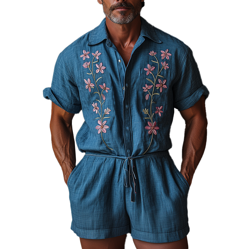 Men's Summer Fashion Embroidery Slub Cotton Short Sleeve Jumpsuit MTA1292F8P