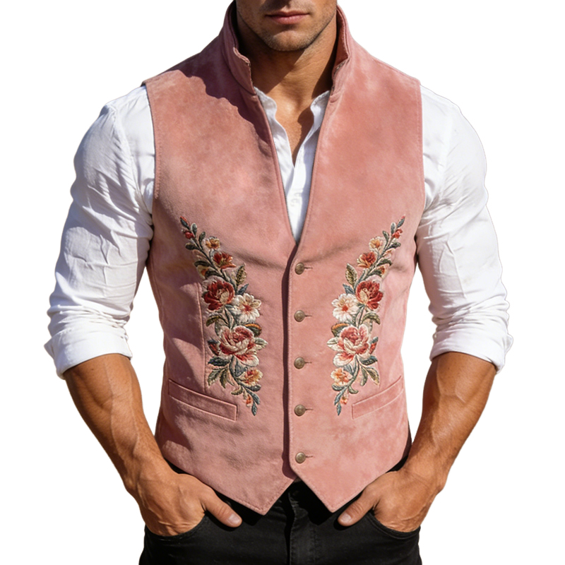 Men's Retro Casual Faux Suede Embroidered Stand Collar Vest MTZ1262A9TO
