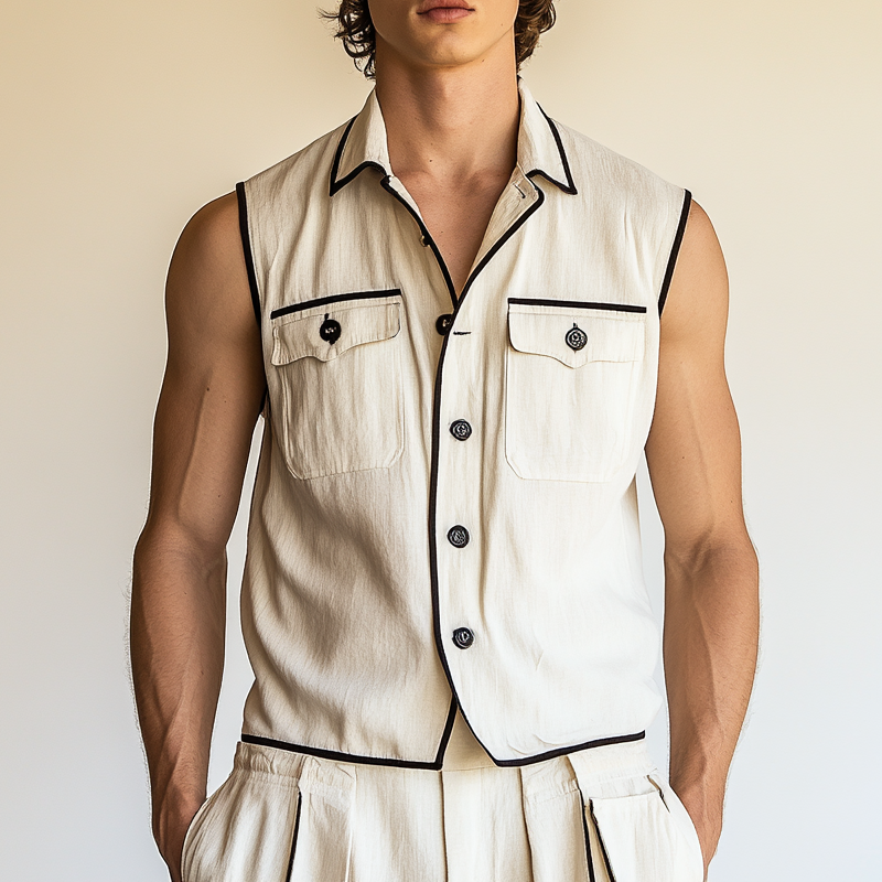 Men's Contrast Multi-Pocket Sleeveless Lapel Shirt MTA2087F5X