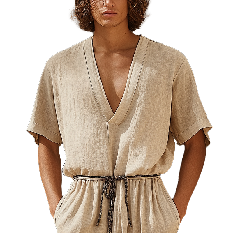 Men's Simple V-Neck Linen Mid-Sleeve T-Shirt MTA3098G2P