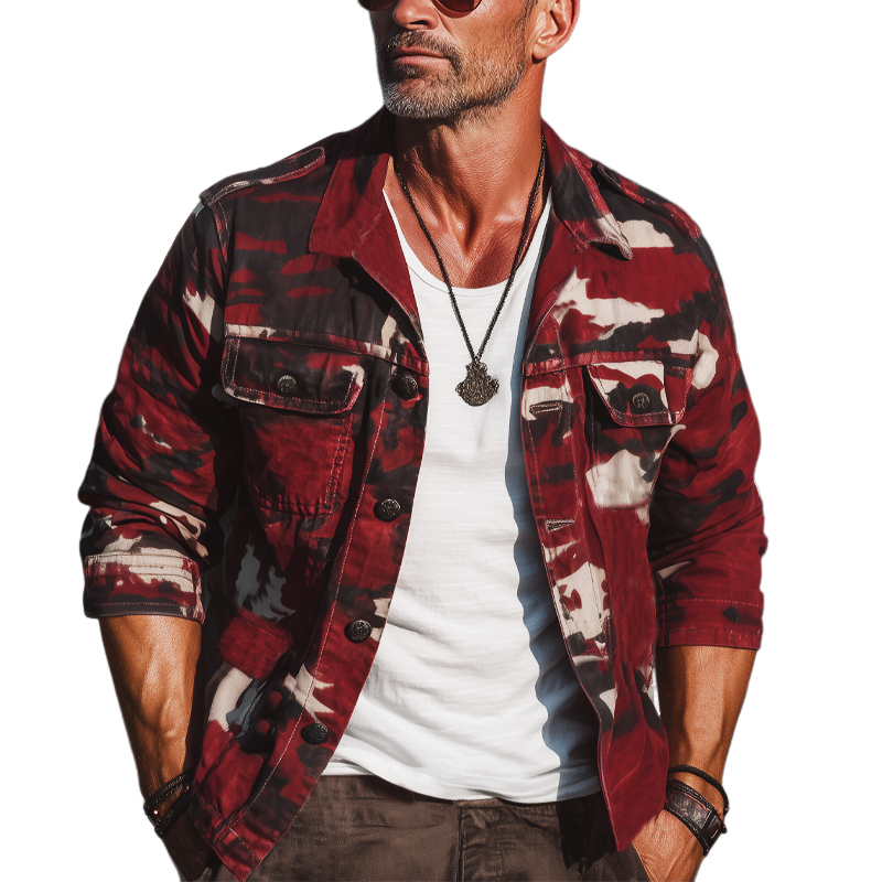 Men's Spring And Autumn Retro Lapel Leopard Button Jacket MTA1442H6U